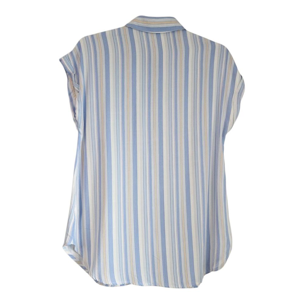 Olive & Oak Womens Small Button Down Vertical Stripes Blue White Cap Sleeves - Picture 2 of 7